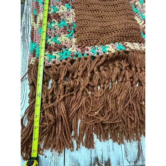 VTG Handmade Knit‎ Crochet Poncho Fringe 70s Granny Brown Orange One Size - Picture 6 of 6